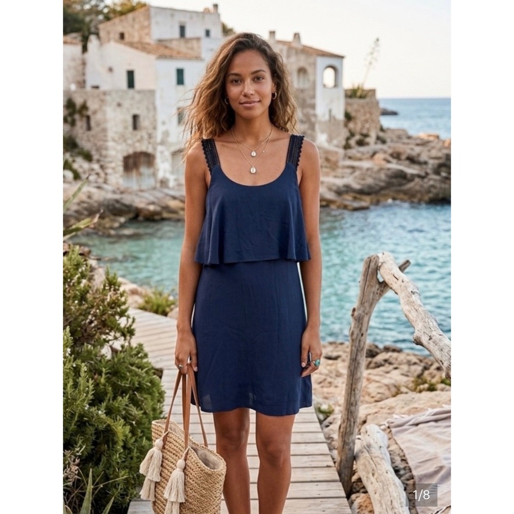 Maeve Anthropologie Crochet Strap Ruffle Mini Dress Navy 6 Euro Summer Coastal